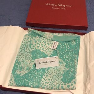 Salvatore Ferragamo silk scarf white aqua leopard